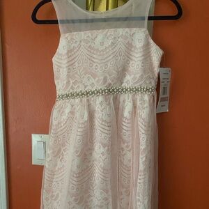 Sunday Best Pink Lace Dress with Pearl Accents